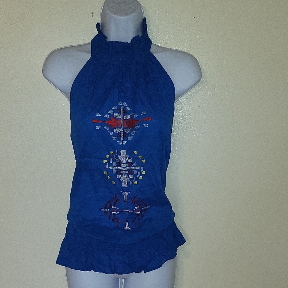 Mandee Blue Halter Top with Colorful Embroidery